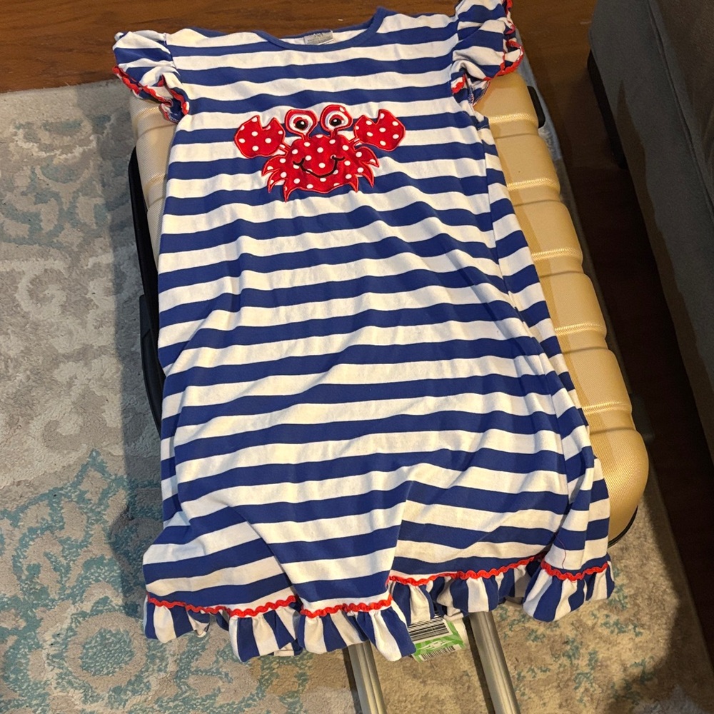 Boutique Blue and White Striped Kids Dress with Red Crab Design
